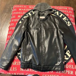 Levi’s black faux-leather grey hooded racer jacket.